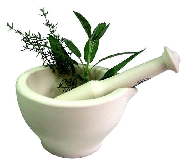 A White Ceramic Mortar And Pestle With Fresh Green Herbs Inside